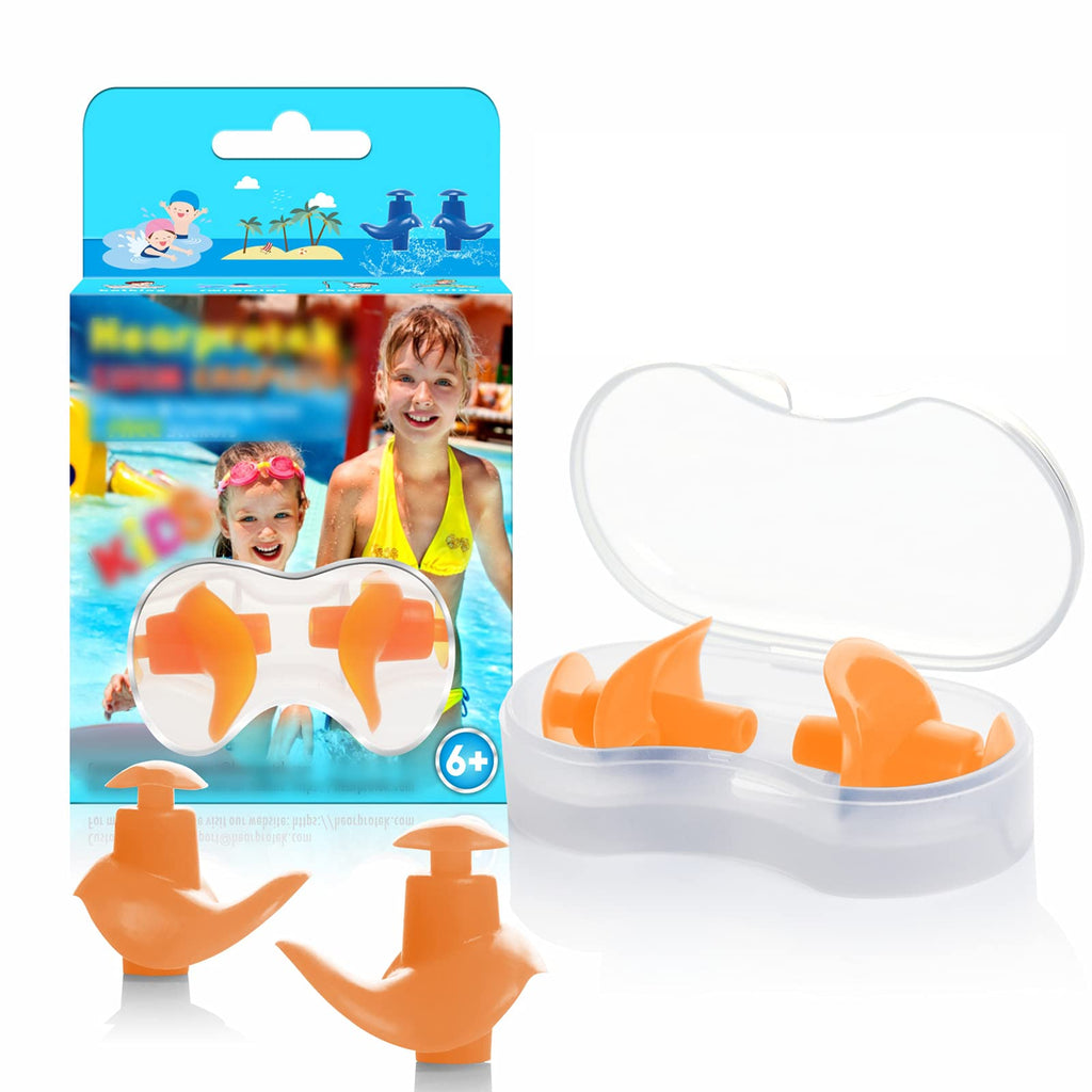 Hearprotek Swimming Ear Plugs, 2 Pairs Waterproof Reusable Silicone Ear Plugs for Swimmers Showering Bathing Surfing and Other Water Sports Kids Size Size: Kids 6+ (Orange) - BeesActive Australia