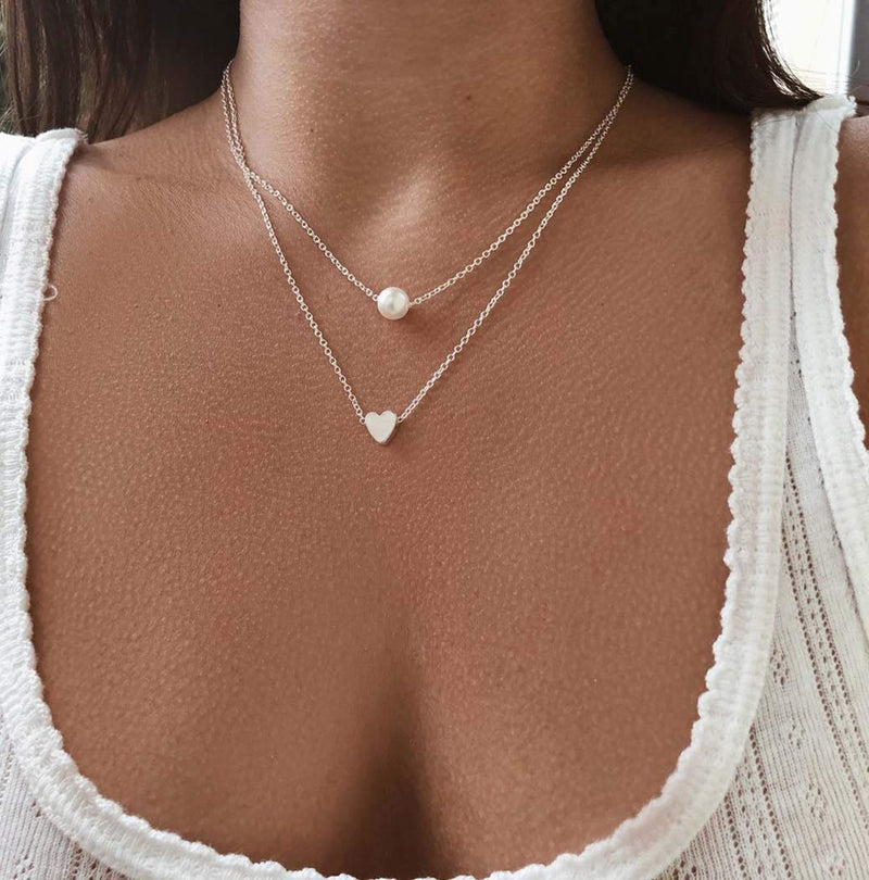 Jovono Multilayered Necklaces Heart Pearl Pendant Necklace Chain Jewelry for Women and Girls (Silver) Silver - BeesActive Australia