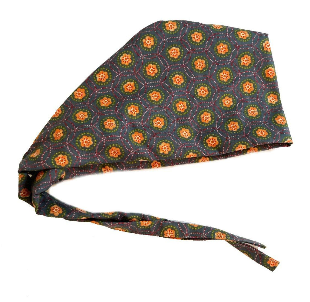 Grace N May Scrub Cap Surgical Women - Front Fold Tie Back -Tiny Orange Flowers Brown - BeesActive Australia
