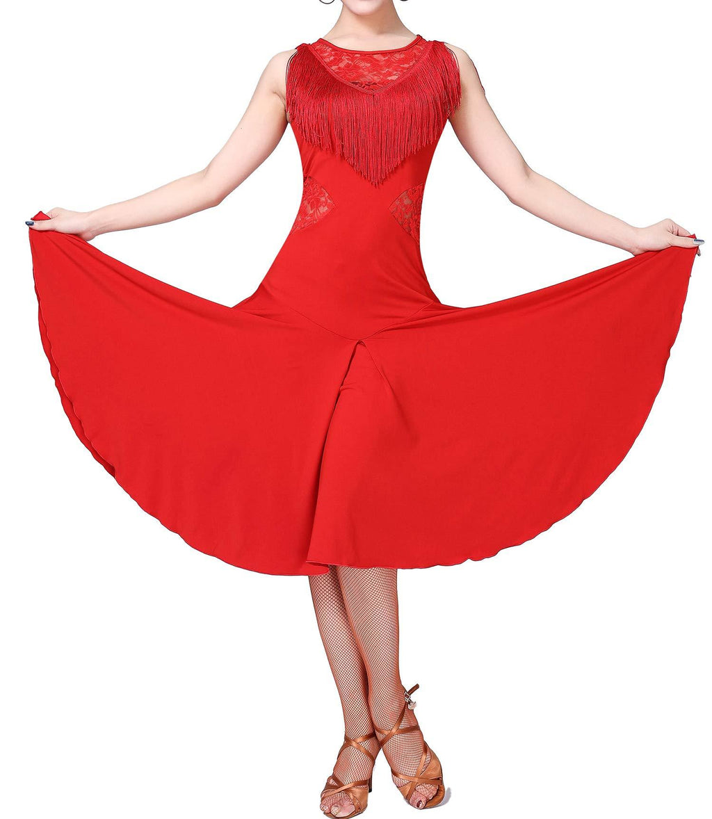 [AUSTRALIA] - Whitewed Lace Fringe Circular Latin Dance Routine Practice Dresses Wear Ladies X-Small Red 