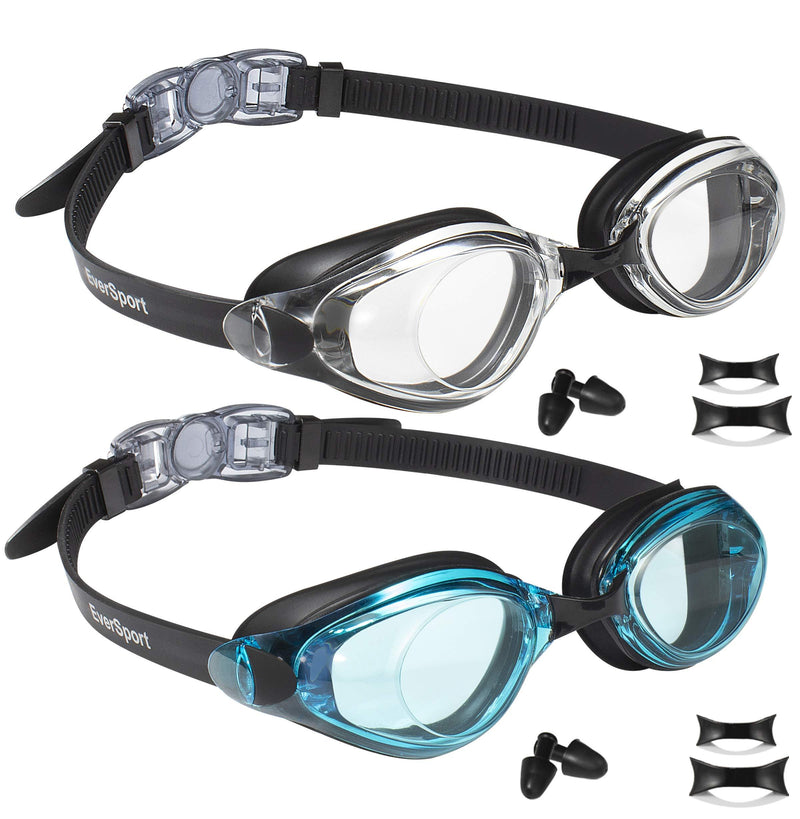 [AUSTRALIA] - EVERSPORT Swim Goggles, Pack of 2, Swimming Glasses for Adult Men Women Youth Teens, Anti-Fog, UV Protection, Shatter-Proof, Watertight 01: Black with Clear Lens & AquaBlue 