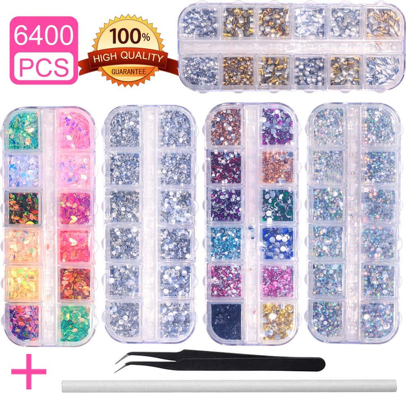 6400pcs Nail Art Rhinestones Nail Crystal Gems Nail Diamonds, Gold Silver Nail Art Studs Colorful Nail Sequins & Rhinestones for Nails Kit with Tweezers and Wax Pen for Nail Art Supplies Accessories - BeesActive Australia