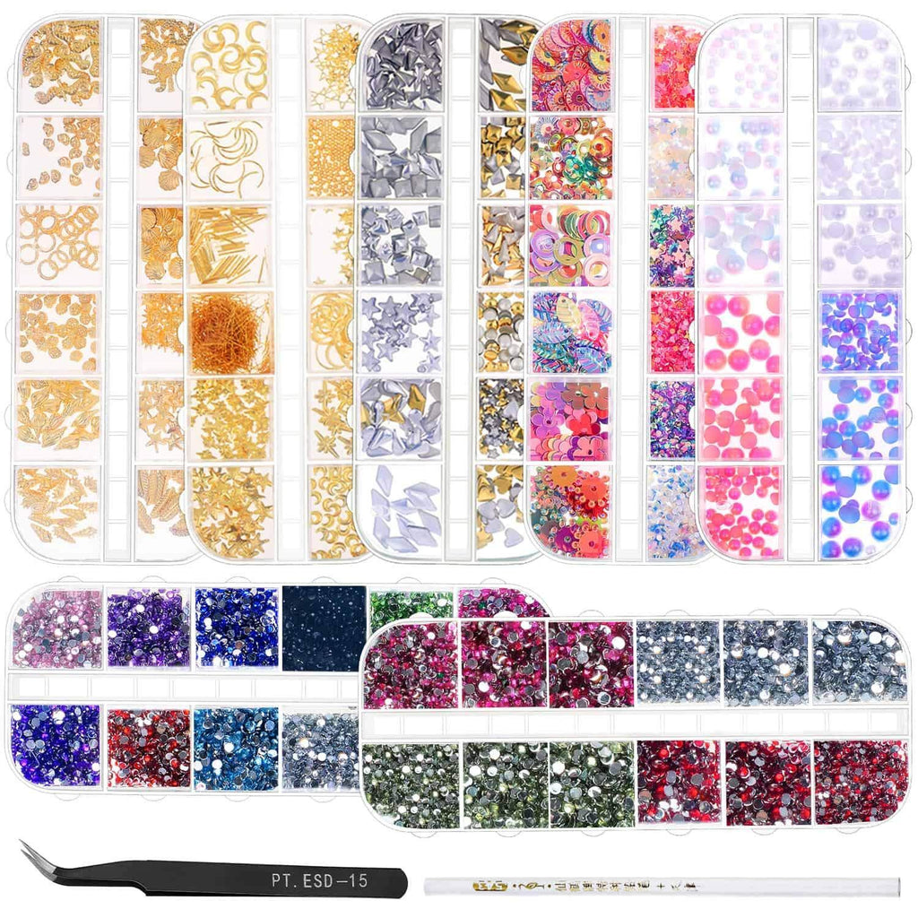 Anezus 7 Boxes Nail Rhinestones Nail Art Supplies Nail Studs 3D Nail Gems Jewels with Pickup Tools for Nails Decoration Makeup Clothes Shoes - BeesActive Australia