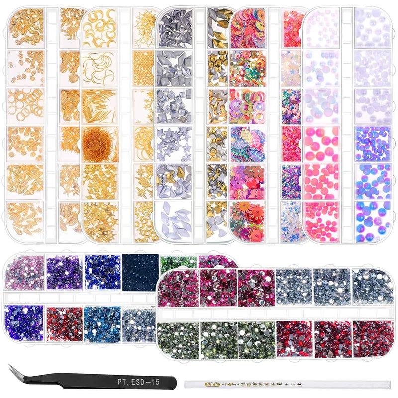 Anezus 7 Boxes Nail Rhinestones Nail Art Supplies Nail Studs 3D Nail Gems Jewels with Pickup Tools for Nails Decoration Makeup Clothes Shoes - BeesActive Australia