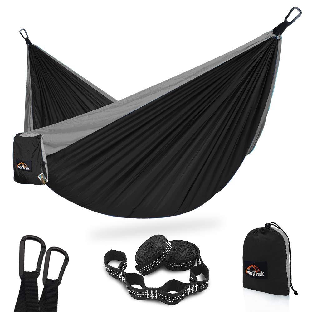 AnorTrek Camping Hammock, Super Lightweight Portable Parachute Hammock with Two Tree Straps (Each 5+1 Loops), Single & Double Nylon Hammock for Camping Backpacking Travel Hiking Black&gray Single 110''L x 55''W - BeesActive Australia