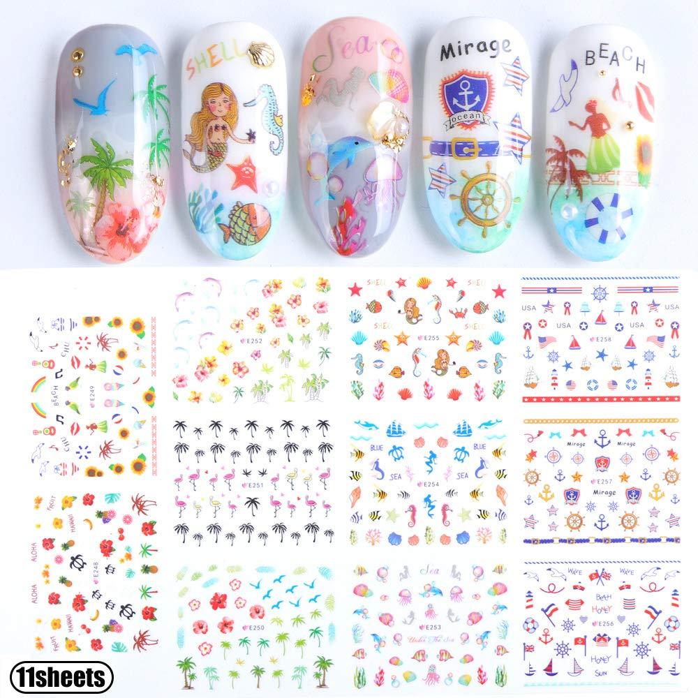 Macute Nail Art Stickers Accessories for Kids Beach Self-adhesive Nail Decals for Women Girls Mermaid Sea Animal Seagull Flag 3D Nail Stickers for Fingernails & Toenails Decorations Manicure Wraps - BeesActive Australia
