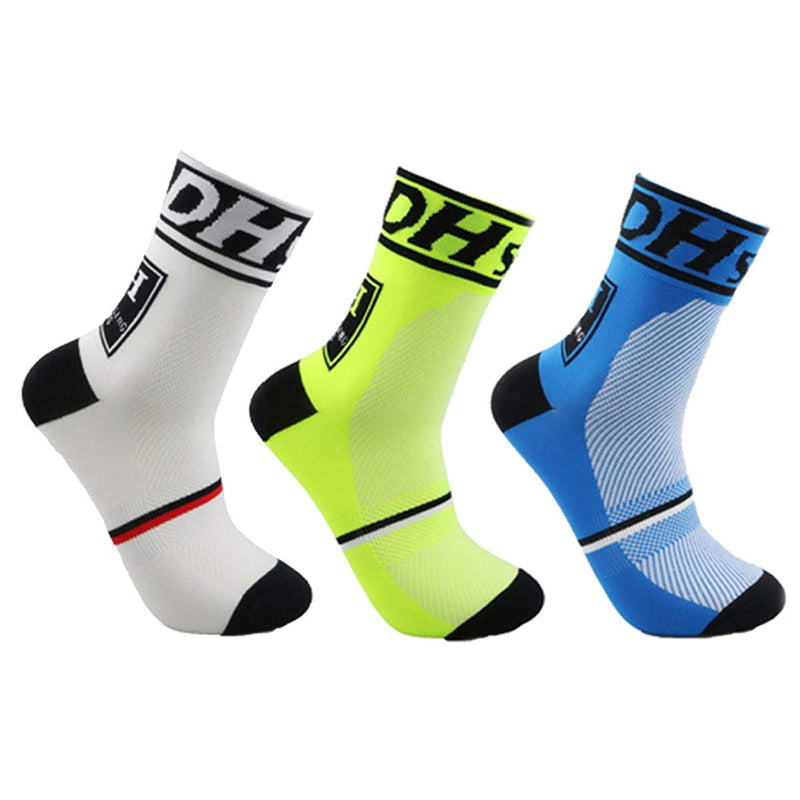 Men's Cycling Socks Unisex Breathable Sports Running Trekking Athletic Basketball Socks 3 Pairs(white+green+blue) - BeesActive Australia
