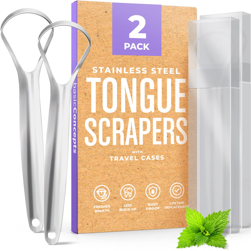 BASIC CONCEPTS Tongue Scraper (2 Pack), Reduce Bad Breath (Travel Cases Included), Stainless Steel Tongue Scrapers for Adults, 100% Metal Tongue Cleaners Fresher Breath 2 Pack - BeesActive Australia