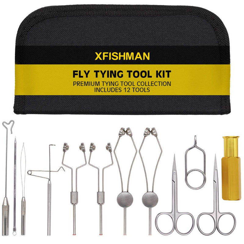 XFISHMAN Fly Tying Tool Kit 7-8-12 in 1 with Bobbin Finisher Scissors Vise Hackle Hair Stacker Fly Fishing Tying Tools Set  B Premium 12 in 1 Fly Tying Tools Kit - BeesActive Australia