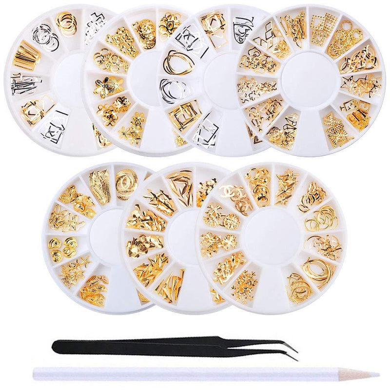 WOKOTO 7 Boxes Gold Hollow Nail Studs 3D Punk Metal Rivet Shell Feather Nail Art Jewels Decoration Wheel Manicure With 1Pc Tweezers And Picker Pencil KIT1 - BeesActive Australia