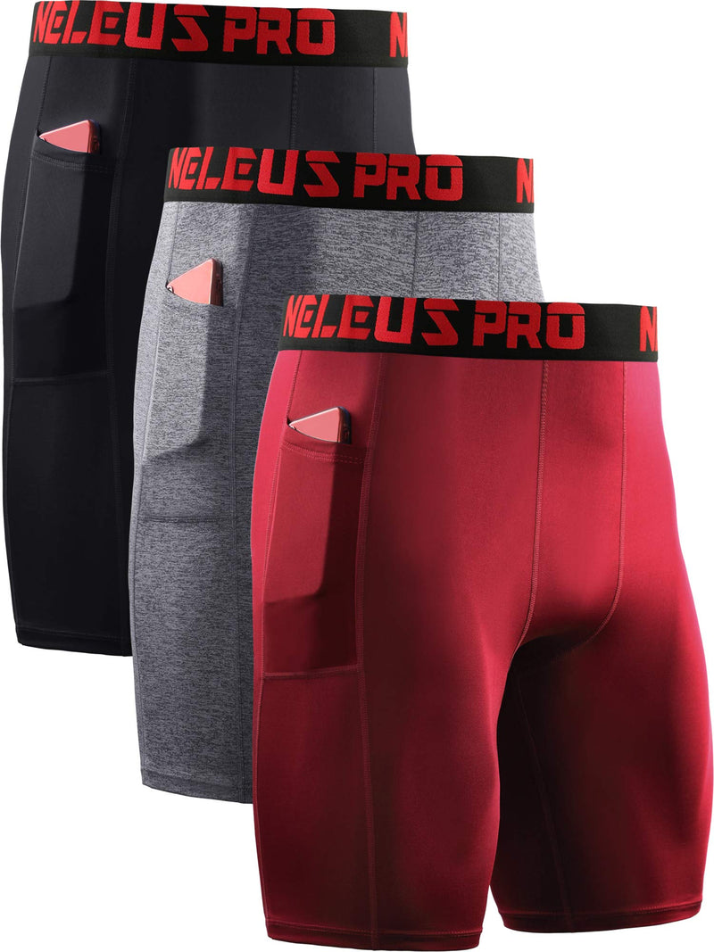NELEUS Men's 3 Pack Compression Short with Pocket Medium 6064 Black/Grey/Red,3 Pack - BeesActive Australia