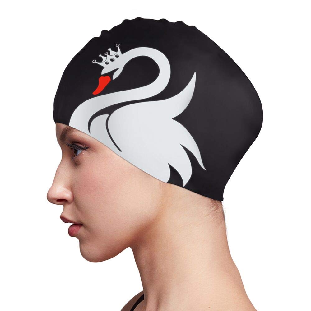 Swim Cap for Women Long Hair Curly Hair Solid Silicone Waterproof Bathing Swan Swimming Caps for Girls Adults Youths Black White - BeesActive Australia