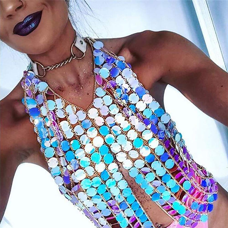 Deniferymakeup Handmade Geometric Multi-color Punk Exaggerated Body Cothing Chain Chest Chain Body Accessories (Blue) Blue - BeesActive Australia