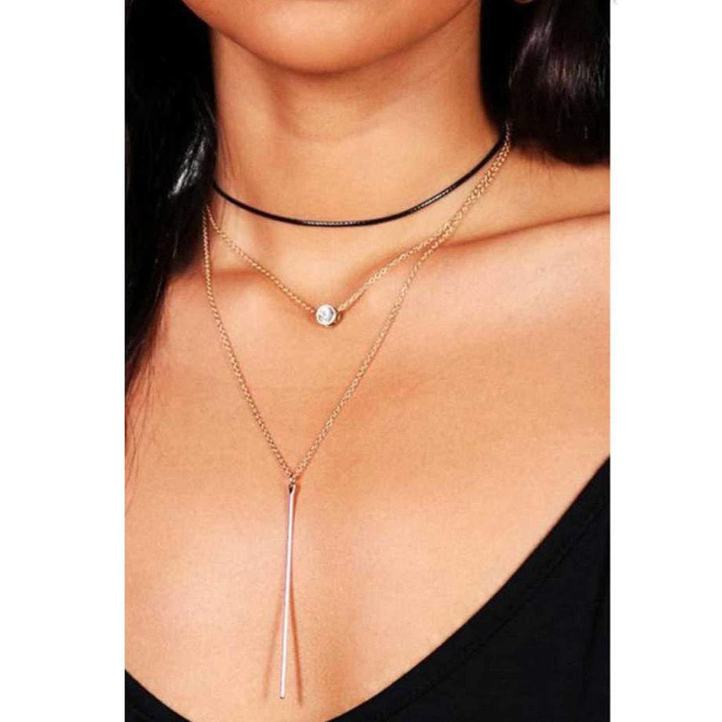 Edary Layered Necklace with Rhinestone Clavicle Chain Bar Pendant Gold Jewelry Accessories for Women and Girls - BeesActive Australia