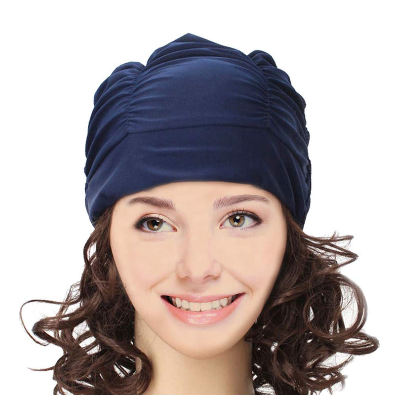 HONBAY Pleated Swimming Cap Long Hair Swim Cap Bathing Cap, Non-Waterproof (Navy Blue) - BeesActive Australia