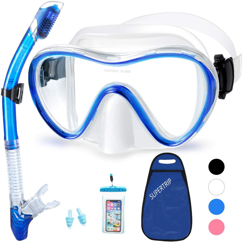 [AUSTRALIA] - Supertrip Snorkel Set Adults-Anti-Fog Film Scuba Diving Mask Impact Resistant Panoramic Tempered Glass Easybreath Anti-Leak Dry Top Snorkeling Packages with Waterproof Case & Carrying Bag Blue 