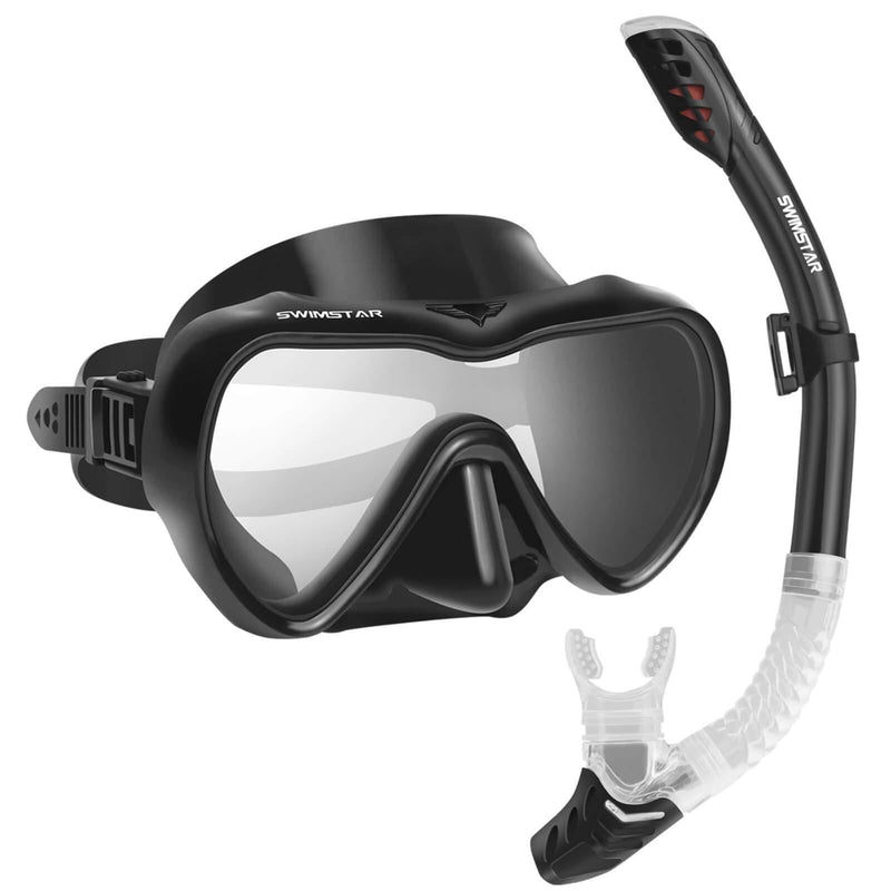 SwimStar Snorkel Set for Women and Men, Anti-Fog Tempered Glass Snorkel Mask for Snorkeling, Swimming and Scuba Diving, Anti Leak Dry Top Snorkel Gear Panoramic Silicone Goggle No Leak Black - BeesActive Australia