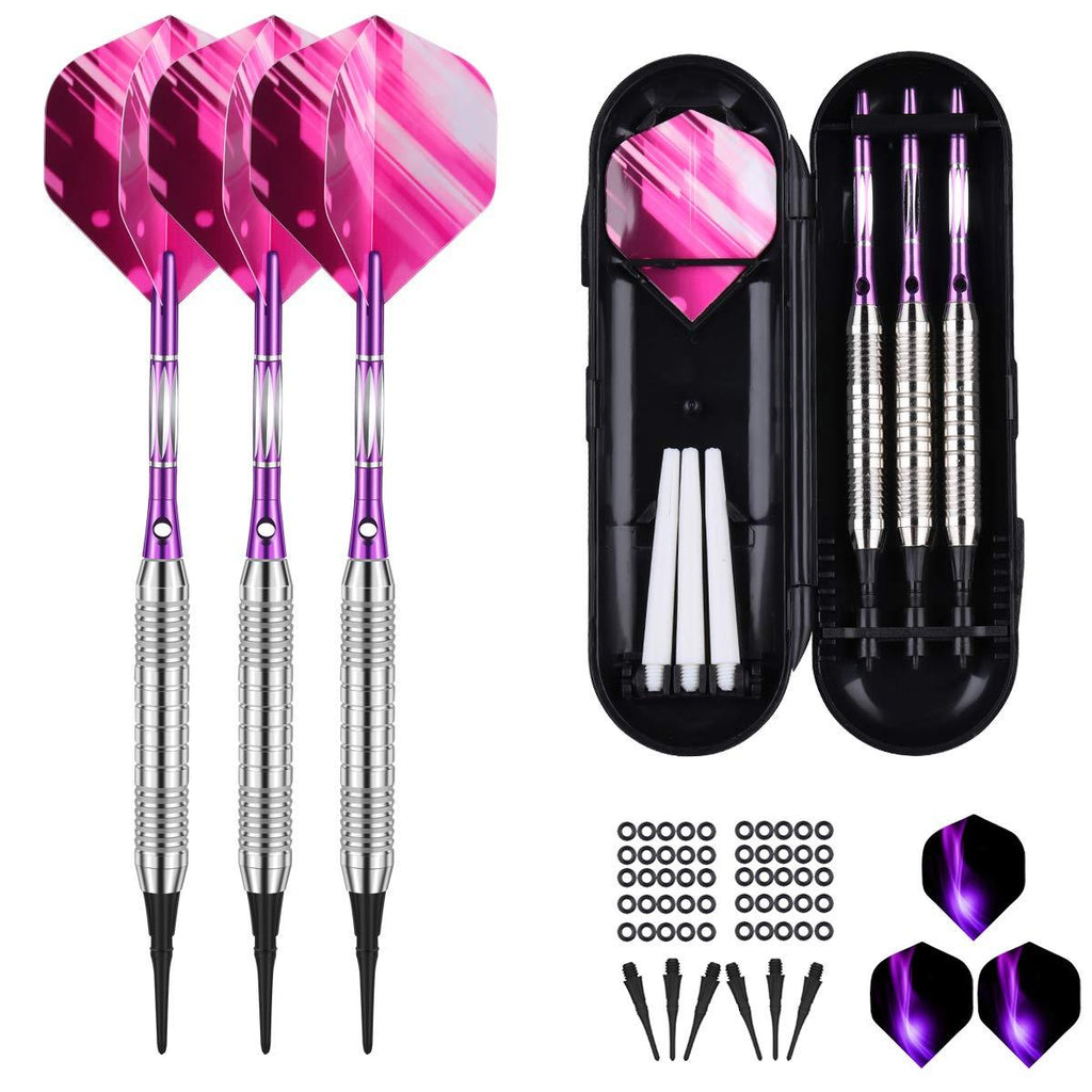 [AUSTRALIA] - sanfeng Darts Plastic Tip Set - 18g Soft Tip Darts - Nickel Plated Silver Dart Barrel 16 Grams + 50 Anti-Loose O-Rings + 6 Shaft (Aluminum/Nylon 45mm) + 6 Flights + Extra 50 Soft Tips Electronic Dart 7-B-18g-purple 