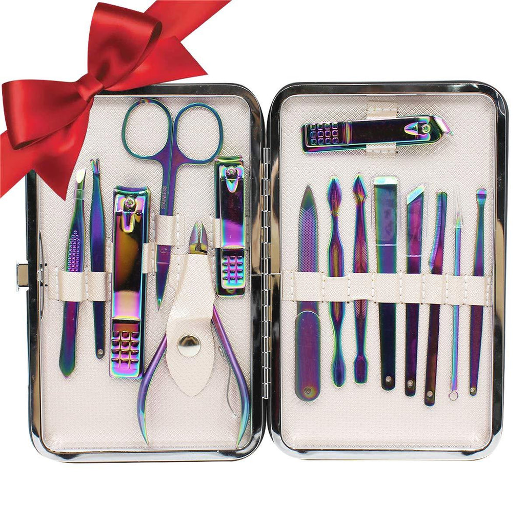 Professional Stainless Steel Chameleon Nail Clipper Travel & Grooming Kit Nail Tools Manicure & Pedicure Set of 15pcs with Luxurious Case(Purple) Purple - BeesActive Australia