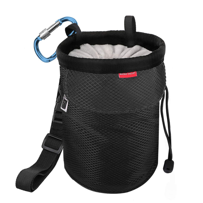 Rhino Valley Climbing Chalk Bag, No Leak Drawstring Closure Bag with Adjustable Belt, Carabiner Clip and Zippered Pockets for Climbing, Gymnastics, Cross Fit, Weight Lifting & More Black - BeesActive Australia