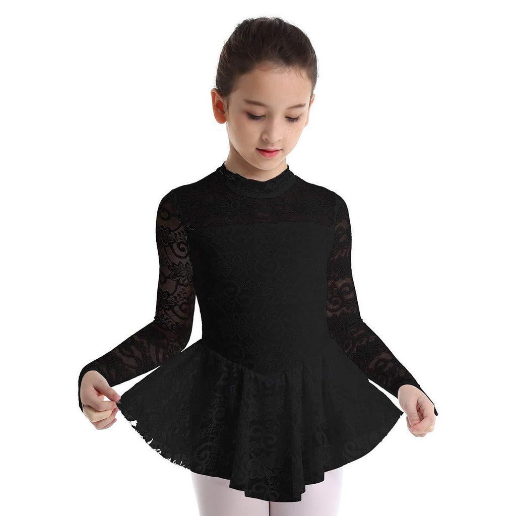 [AUSTRALIA] - easyforever Kids Girls Figure Skating Roller Skater Leotard Dress Floral Lace Long Sleeve Tutu Skirt Dancewear Black 13-14 