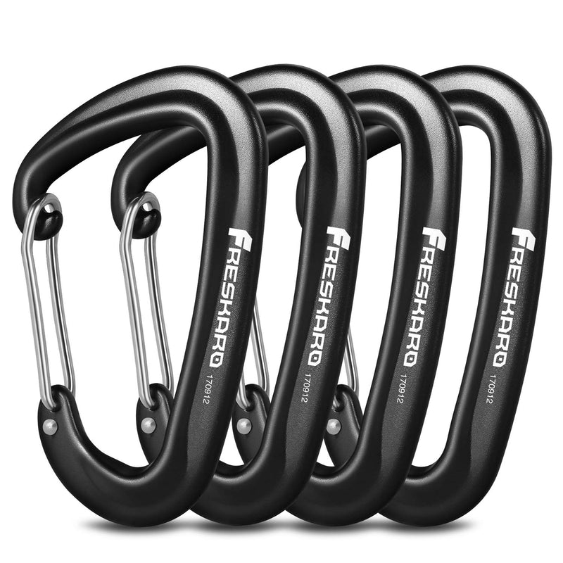 FresKaro 4pcs 12KN Aluminium Wire-Gate Carabiners Clips, Holds 2645lbs, for Hammock Camping, Black - BeesActive Australia