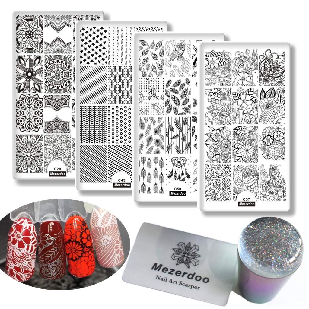 4pcs Flower Line Pictures Nail Stamping Plates+1 Starry Style Stamper + 1 Scraper Geometry Star Pattern Nail Art Stamp Stamping Template Feather Mandala Image Plate Nail Art Stamper Scraper Nails Tool - BeesActive Australia