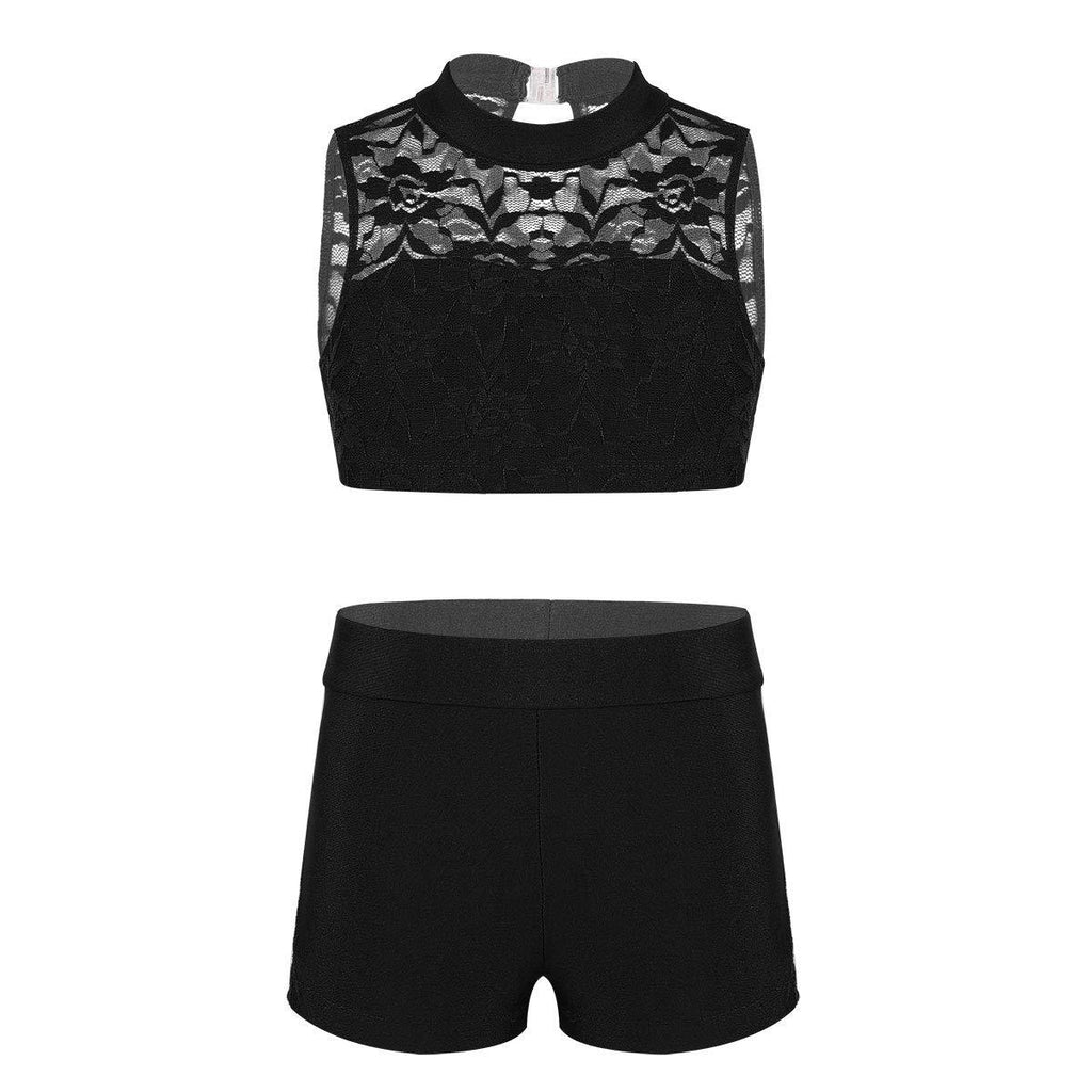 [AUSTRALIA] - Yeahdor Big Girls' Kids 2-Pieces Sports Gymnastics Dancing Outfits Floral Lace Crop Top with Booty Shorts Bottoms Black 10 