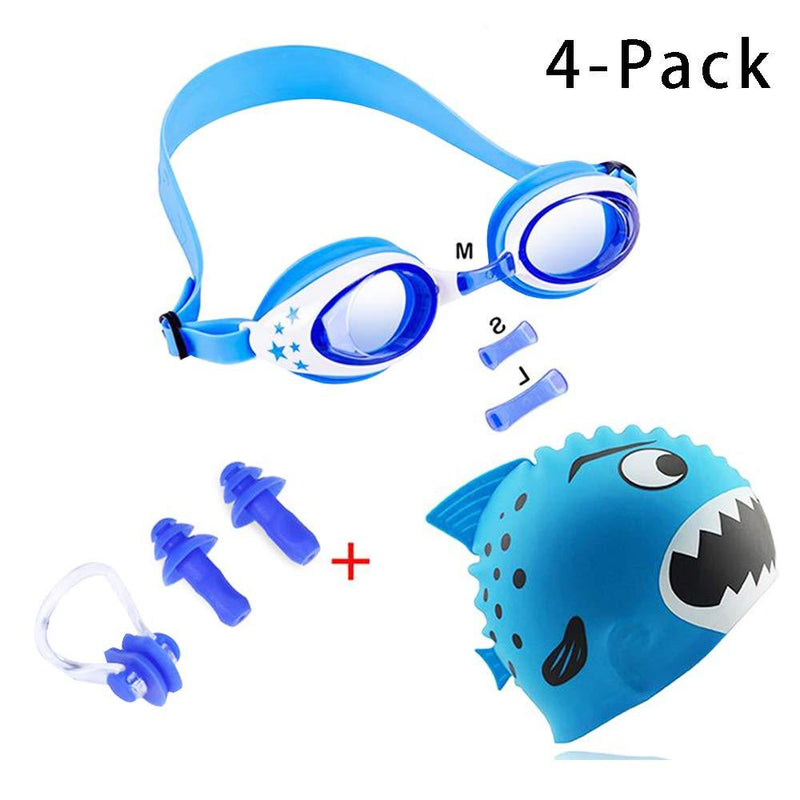 [AUSTRALIA] - BHTapparel Kids Swim Cap Silicone Swimming Cap for Girls Boys Protective Ear Caps with Fun Sharks & Minnows Pattern Blue Set 