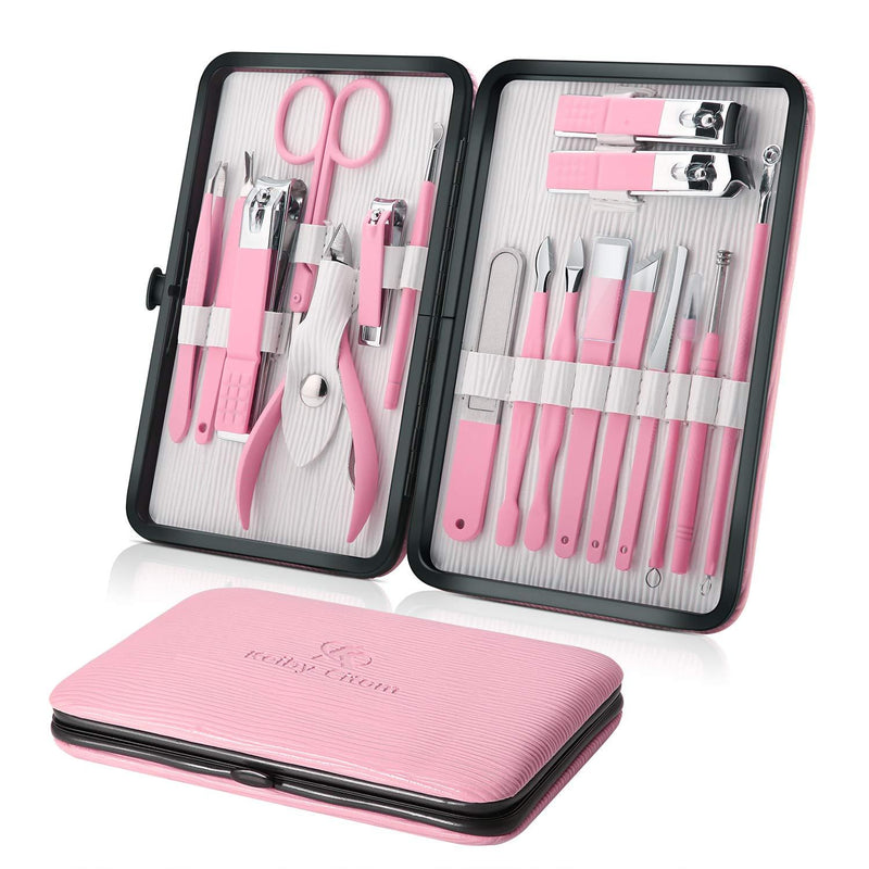 Manicure Set Professional Nail Clippers Kit Pedicure Care Tools- Stainless Steel Women Grooming Kit 18Pcs for Travel or Home (Pink.) Pink. - BeesActive Australia