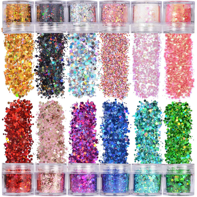 Warmfits Holographic Chunky Glitter 12 Colors Total 120g Face Body Eye Hair Nail Festival Chunky Holographic Glitter Different Size, Stars and Hexagons Shaped (Set A) 4.23 Ounce (Pack of 12) - BeesActive Australia