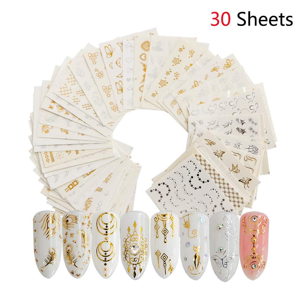 Jurxy 30 PCS Watermark Nail Sticker Water Transfer Stickers Decals Applique DIY Salon Usage Decoration Tools – Random Pattern - Gold and Silver - BeesActive Australia