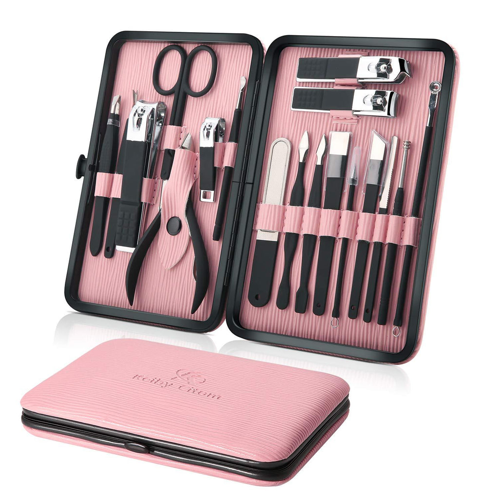 Manicure Set Professional Nail Clippers Kit Pedicure Care Tools- Stainless Steel Women Grooming Kit 18Pcs for Travel or Home (Pink) Pink - BeesActive Australia