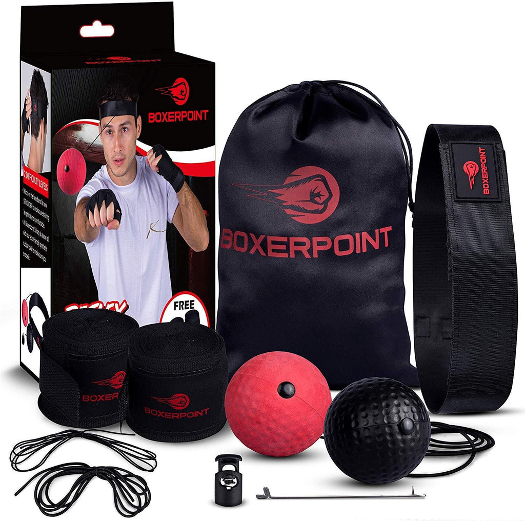 BOXERPOINT Boxing Reflex Ball for Adults and Kids - React Reflex Balls on String with Headband, Carry Bag and Hand Wraps - Improve Hand Eye Coordination, Punching Speed, Fight Reaction 2 Difficulty Level Balls - BeesActive Australia