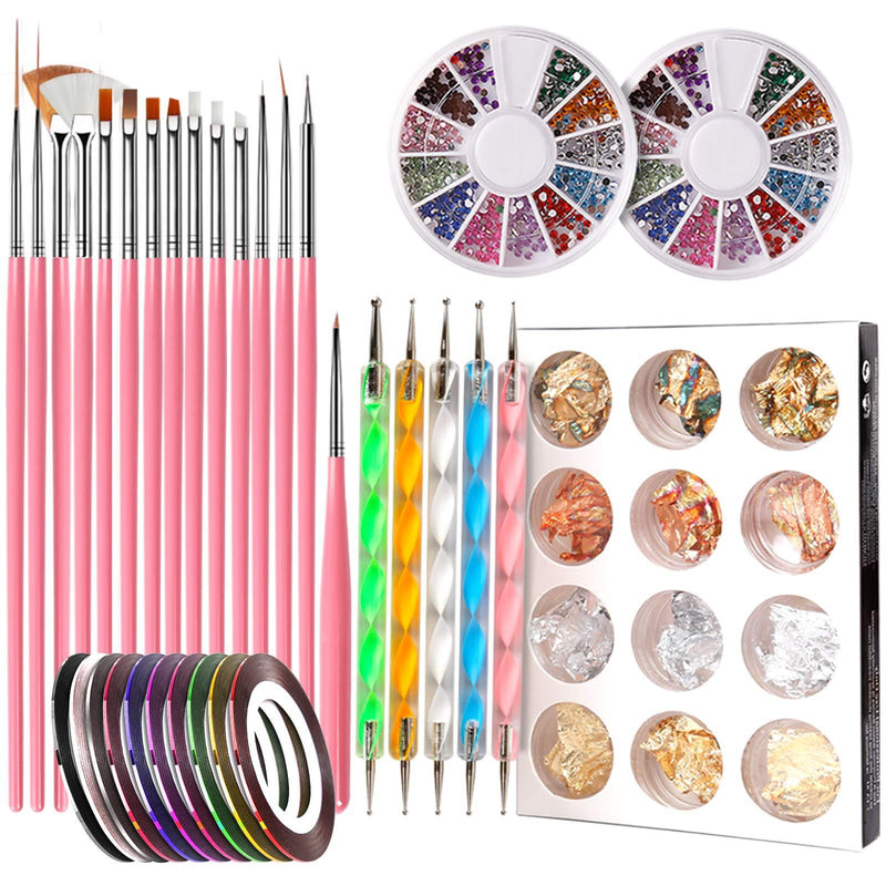 Nail Pen Designer, Teenitor Stamp Nail Art Tool with 15pcs Nail Painting Brushes, Nail Dotting Tool, Nail Foil, Manicure Tape, Color Rhinestones for Nails A-Pink - BeesActive Australia