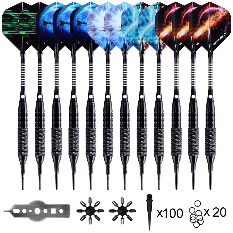 [AUSTRALIA] - WIN.MAX Darts Plastic Tip,Soft Tip Darts Set,12 Pcs 18 Gram with 100 Extra Dart Tips,12 Flights, Flight Protectors and Tool Kit for Electronic Dart Board 