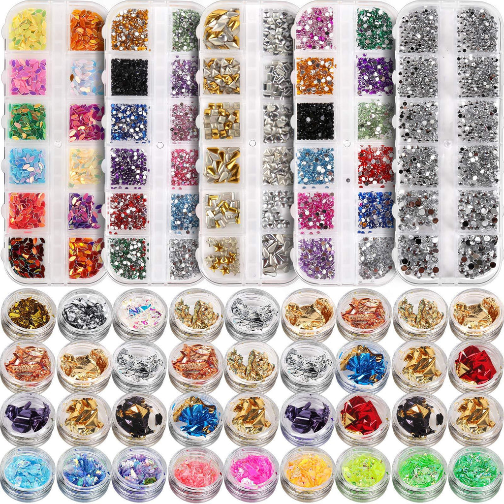 5 Box 11440pcs Nails Rhinestones and 36 Pots Foils Flakes, Teenitor Professional Nail Decoration with Gems for Nails Stud Foil for Nails Art - BeesActive Australia