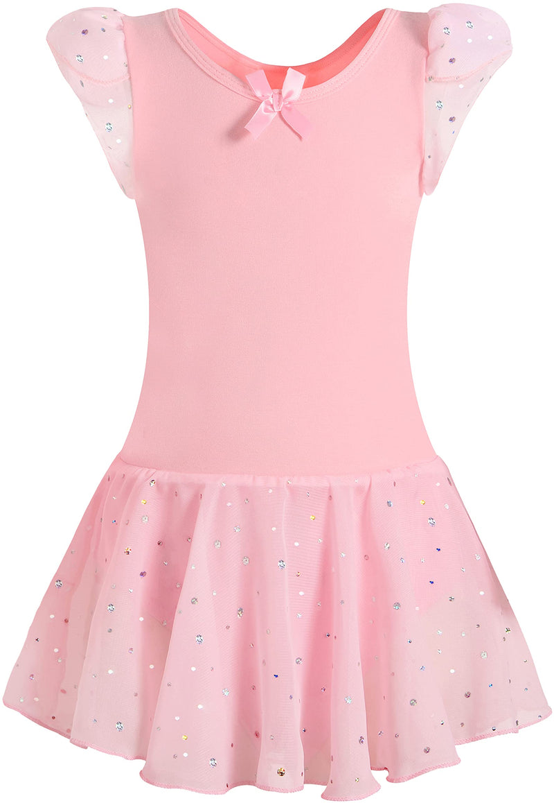 DANSHOW Girls Glitter Leotards for Ballet Dance Dress with Tutu Skirt Petal Sleeve 2-4T Skirted-short-pink - BeesActive Australia
