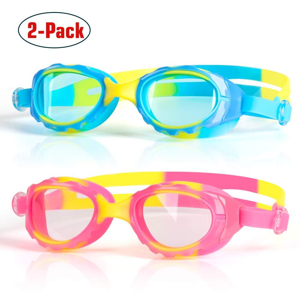 [AUSTRALIA] - COPOZZ Kids Swimming Goggles, Child (Age 4-12) Waterproof Swim Goggles Clear Vision Anti Fog UV Protection No Leak Soft Silicone Frame for Kid Toddler Boys Girls (K2 Blue+Pink Goggles) 
