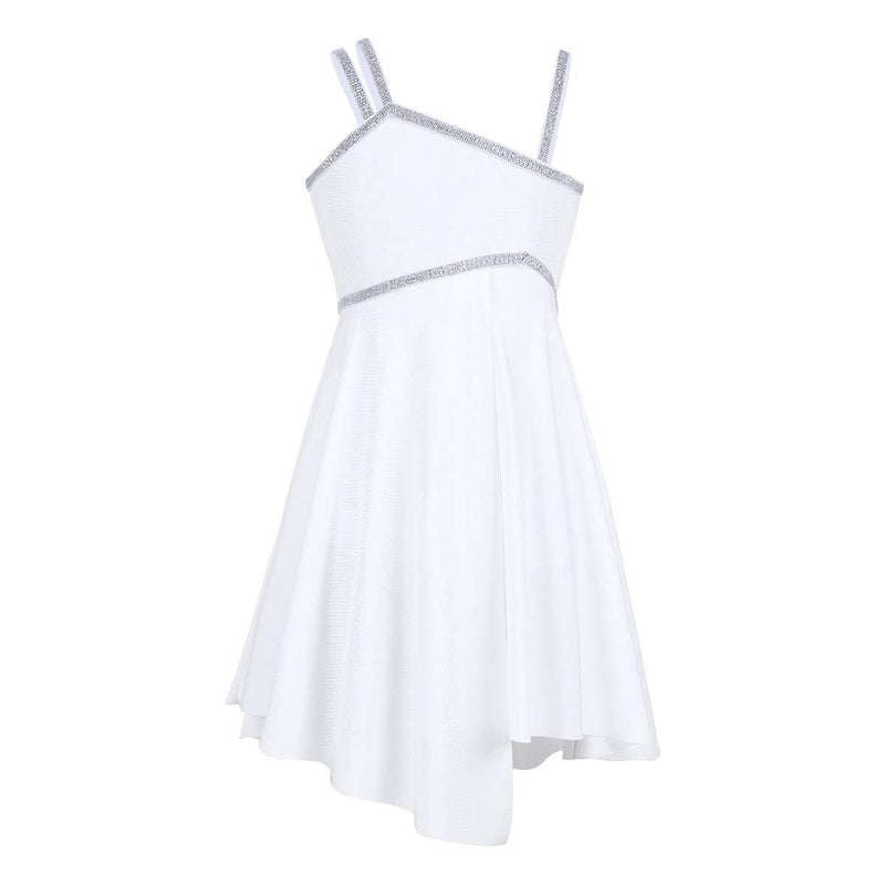 [AUSTRALIA] - easyforever Kids Girls Ballet Dance Irregular Shoulder Straps Shiny Gymnastics Leotard Dress White 10 