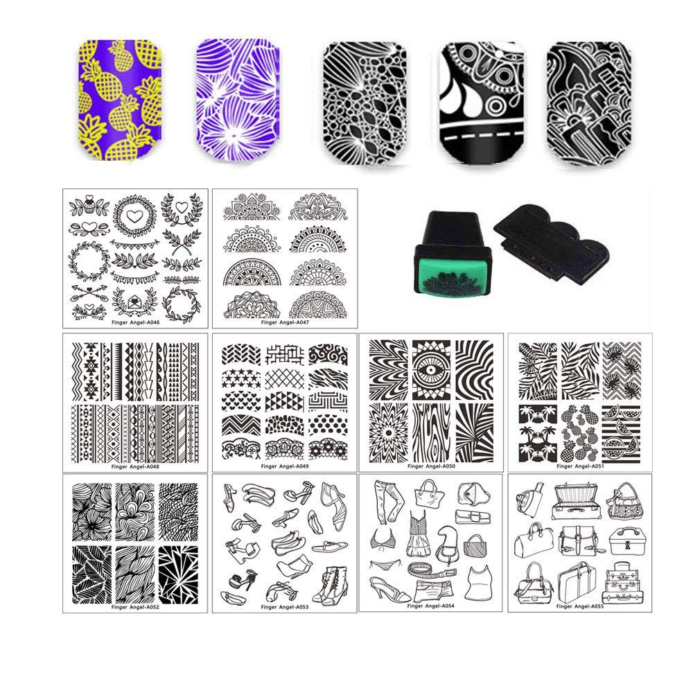 FingerAngel 10 Pcs Nail Art Stamping Plate 6X6cm Mix Designs Nail Art Plate +1 Stamper + 1 Scraper Nail Art Image Stamp Stamping Plates Manicure Template Nail Art Tools - BeesActive Australia