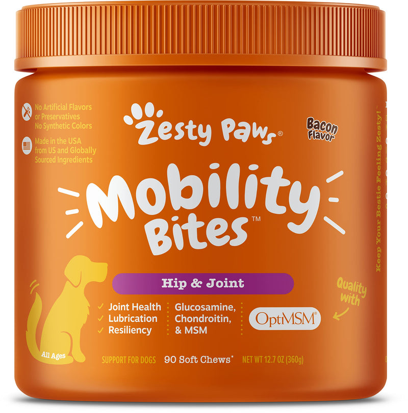 Zesty Paws Glucosamine for Dogs - Hip & Joint Health Soft Chews with Chondroitin & MSM - Functional Dog Supplement for Pet Mobility Support with Kelp + Vitamins C and E for Hips & Joints Bacon 90 Count (Pack of 1) - BeesActive Australia