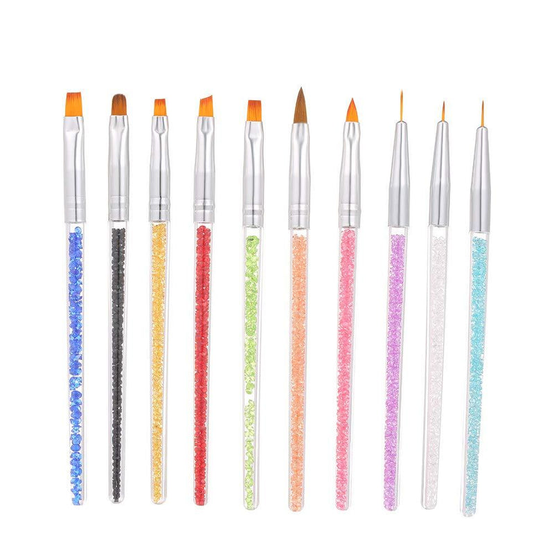 Anself 10pcs Acrylic Nail Brushes Professional Nail Tools UV Gel 3D Nail Art Design Painting Drawing Liner Pen Set - Acrylic Rhinestone Handle - BeesActive Australia