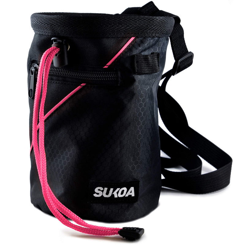 Sukoa Chalk Bag for Rock Climbing - Bouldering Chalk Bag Bucket with Quick-Clip Belt and 2 Large Zippered Pockets - Rock Climbing Gear Equipment Sukoa Pink - BeesActive Australia