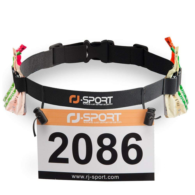 RJ-Sport Race Number Belt - Triathlon Race Belt Bib Holder with 6 Energy Gel Loops for Triathalon, Marathon, Running and Cycling Charcoal - BeesActive Australia