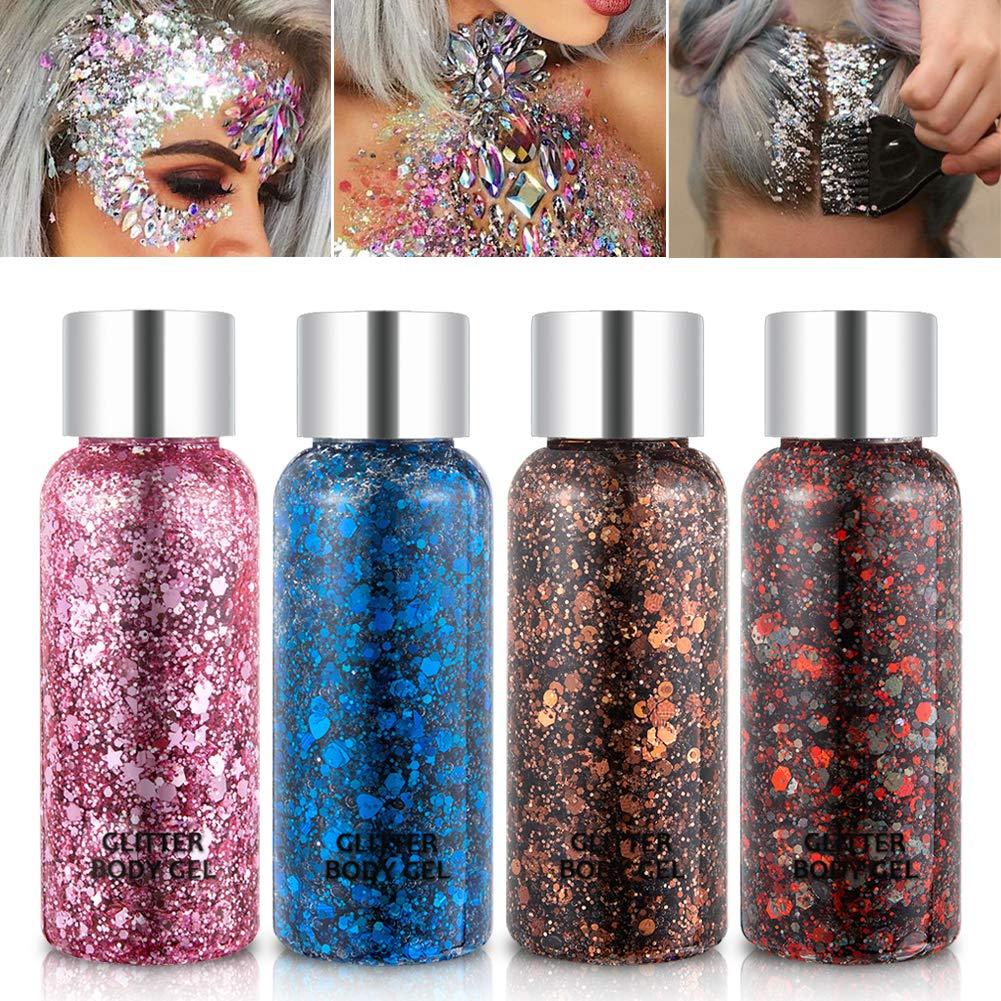 Holographic Body Glitter Gel Set 4 Colors Cosmetic Chunky Glitters Flakes Gel Colorful Mixed Paillette Gel for Festival Party Face Makeup, Body, Hair, Eye and Lips Shimmer Pink, Blue, Brown Set B - BeesActive Australia