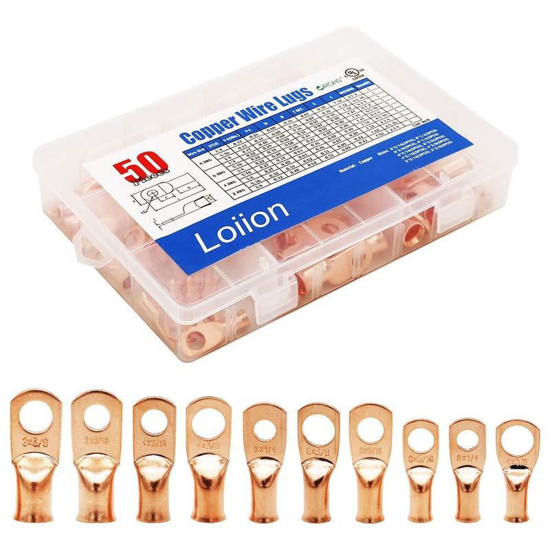 [AUSTRALIA] - 50pcs Copper Wire Lugs,10 Types UL Listed Heavy Duty Wire Lugs Battery Cable Closed Ends Bare Copper Eyelets Tubular Ring Terminal Connectors Assortment Kit 