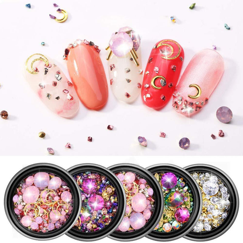 Nail Art Crystal Rhinestones 5 Boxes Mix Star Moon Nail Studs Diamonds Beads Manicure Jewelry Glitter Appliques for Women Girls Nails 3D DIY Craft Decorations - BeesActive Australia