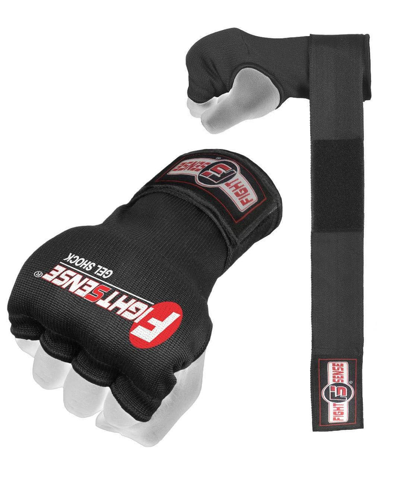 [AUSTRALIA] - FIGHTSENSE Padded Gel Inner Gloves with Long Wraps for Boxing MMA Wrist Hand Wraps Muay Thai Under Gloves Training Pair Black Large 