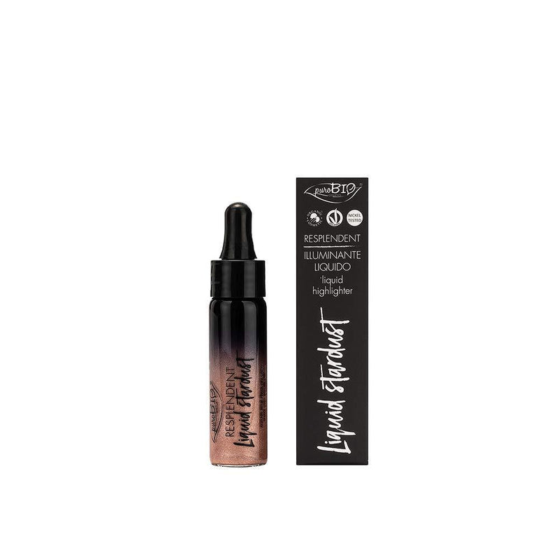 PuroBIO Certified Organic Resplendent Liquid Stardust Face and Body Intense Highlighter 02 Golden Pink. Made with Cornflower Water. Organic. Vegan. Nickel Tested. Cruelty-Free. Made in Italy - BeesActive Australia